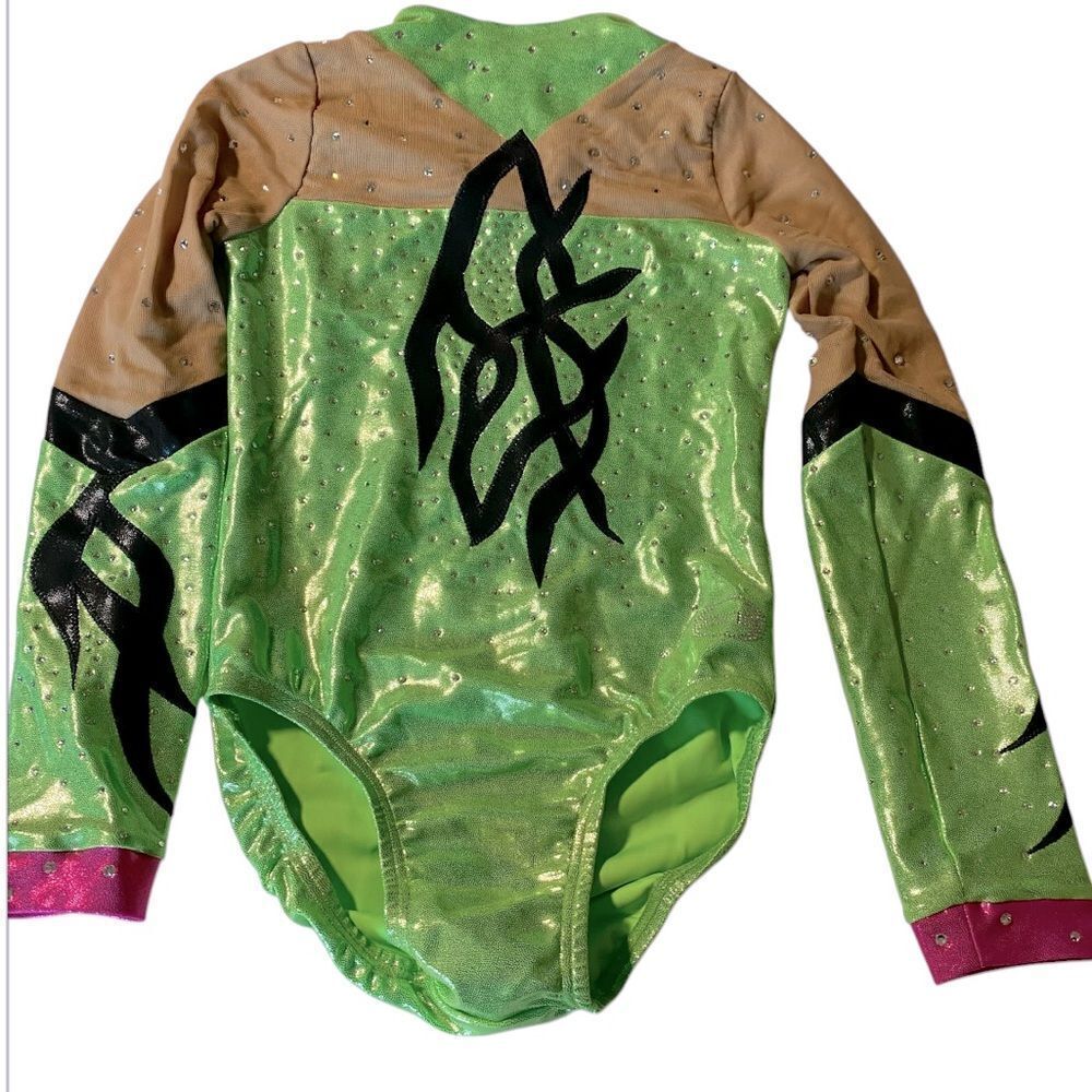 Ozone gymnastics green foil competition long sleeve custom leotard rhinestone YL